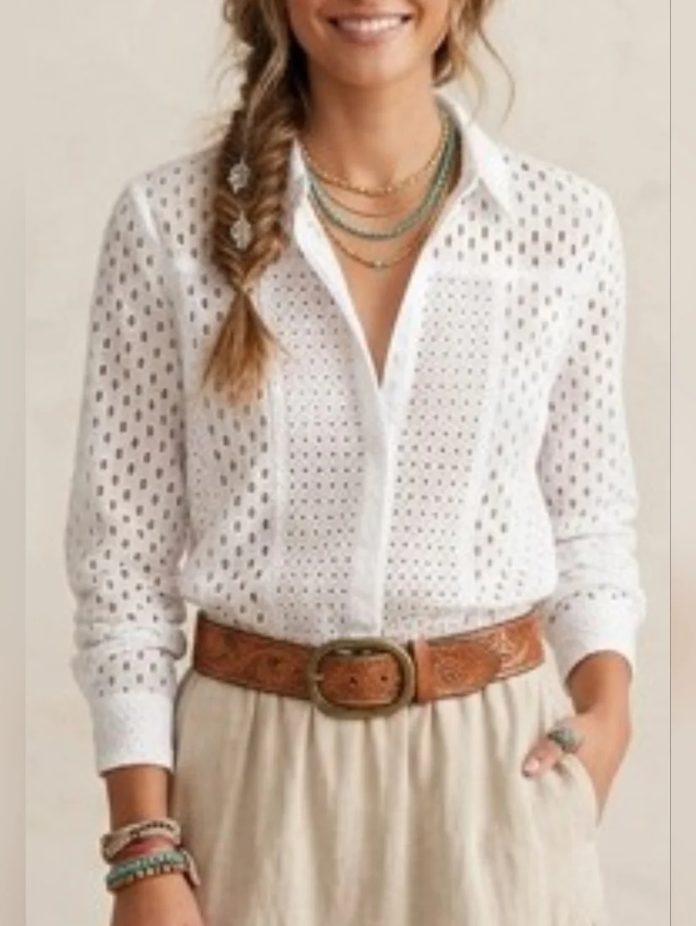 Exetera Women White Eyelet Cotton Shirt Size L Button Front Peasant Bohemian - Picture 1 of 7